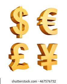 Golden Currency Symbols Set On A White Background - 3d Illustration