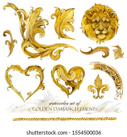 Golden Damask Elements. Baroque Hand Drawn Watercolor Collection. Vintage Antique Set