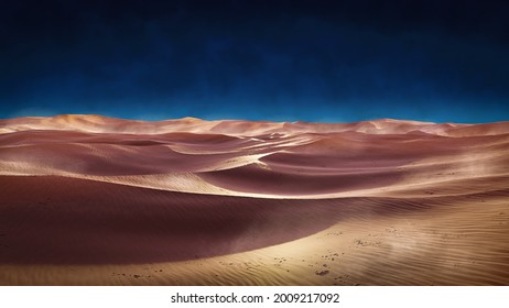 Golden Desert Dunes Landscape With The Deep Blue Sky Illustration 3D 4K