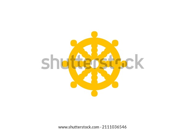 Golden Dharma\
wheel isolated on white\
background.