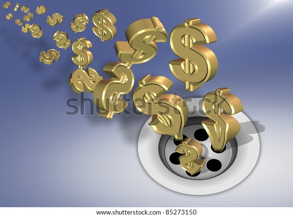 Golden dollar symbols going down a sink drain /
Money down the
drain