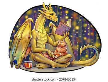 Golden Dragon Reading A Book With A Cat