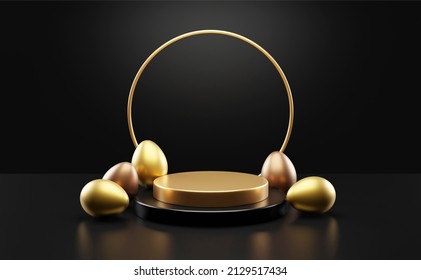 Golden Easter Eggs And Product Podium Stage With Spotlight On Black Table. Easter Holiday Product Showcase Mockup. Luxury Gold And Bronze Premium Pedestal Background. 3d Render Illustation