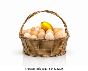 Golden Egg! Chicken Eggs In Rattan Basket. 3d Illustration