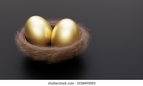 Golden egg easter in the basket. gold egg nest on black background. Fund for retirement concept. 3d render. 