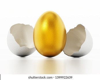 Golden Egg Inside Regular White Egg Shell. 3D Illustration.