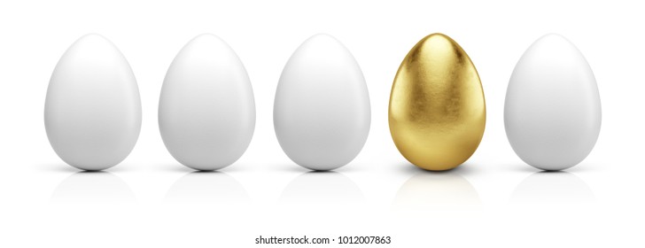 Golden Egg In Row Isolated On White. 3d Rendering