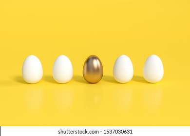 Golden egg in row isolated on yellow background 3d rendering. Egg golden gold white different business idea leadership unique 3D illustration minimal style concept. 
