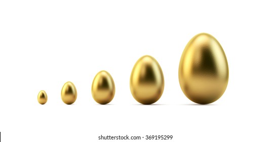 Golden eggs demonstrating compound interest and a growing business. isolated on white background. Clipping path is included.