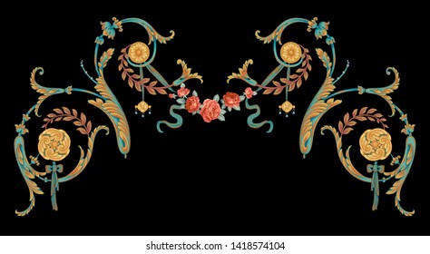 Golden Elements In Baroque, Rococo Style.   Vintage Flowers  Illustration.