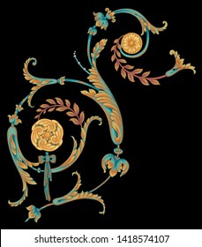 Golden Elements In Baroque, Rococo Style.   Vintage Flowers  Illustration.