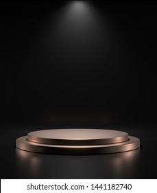 Golden Empty Podium On Black Background With Spot Light,Blank Product Stand ,3d Rendering.