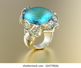 Golden Engagement Ring With Blue Topaz Or Aquamarine. Jewelry Background