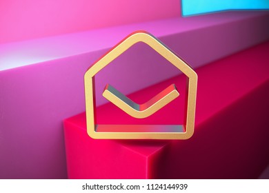 Golden Envelope Open Contour Icon on the Magenta and Cyan Geometric Background. 3D Illustration of Gold Contact, Content, E-Mail, Email, Envelope, Inbox, Letter Icon Set With Color Boxes on Magenta Ba