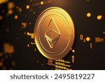 A golden Ethereum coin is depicted against a dark background with scattered digital code elements, symbolizing cryptocurrency and blockchain technology. 3D Rendering