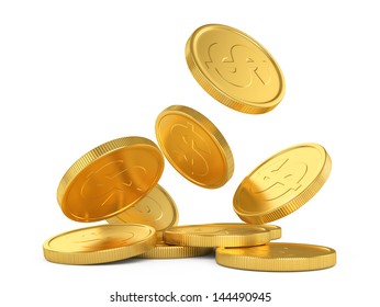 Golden Falling Coins Isolated On White Background