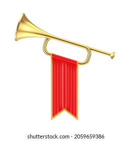 Golden Fanfare Trumpet with Red Flag on a white background. 3d Rendering 