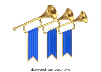 Golden Fanfare Trumpets with Blue Flags on a white background. 3d Rendering 