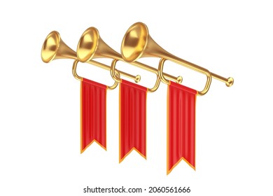 Golden Fanfare Trumpets with Red Flags on a white background. 3d Rendering 