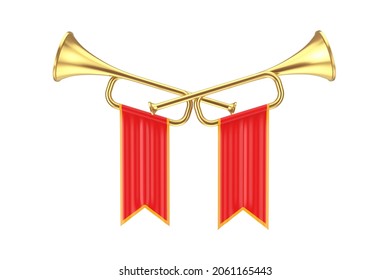 Golden Fanfare Trumpets with Red Flags on a white background. 3d Rendering 
