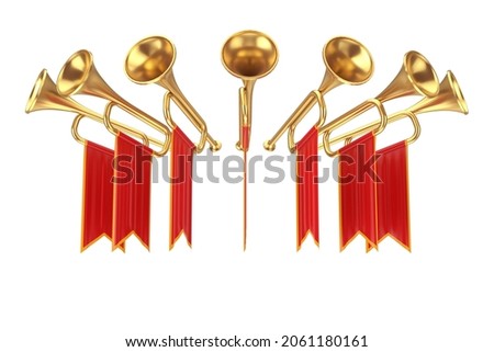 Golden Fanfare Trumpets with Red Flags on a white background. 3d Rendering  Сток-фото © 