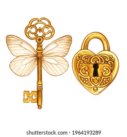 Golden Fantasy Victorian Key With Butterfly Wings And Heart Shaped Lock