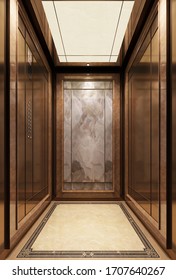 Golden Fashion Lift Doors. Office Hallway With Closed, Half Closed And Open Elevator Cabins.office Building Elevator 3D Render, 3D Image. Inside The Elevator