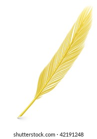 Golden Feather Quill Over White Background. High Resolution 3D Image