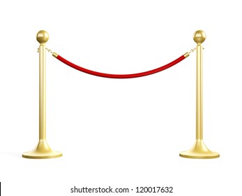 Golden Fence, Stanchion With Red Barrier Rope, Isolated On White Background.