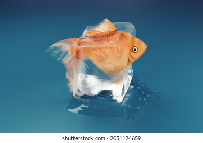 Golden Fish Inside An Ice Cube . Mindset And Patience Concept . This Is A 3d Render Illustration.