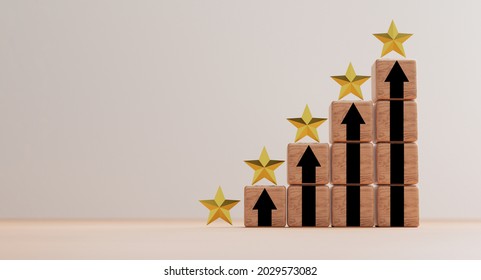 Golden Five Stars On Wooden Stacking With Rise Up Arrow For Client Excellent Rating And Customer Evaluation Of Product Service Concept By 3d Render.