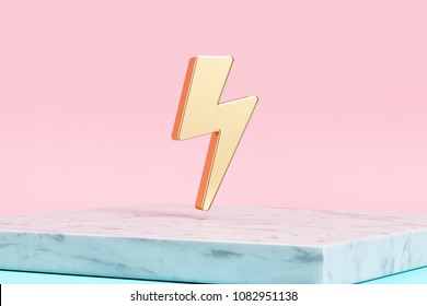 Golden Flash Icon on Pink Background . 3D Illustration of Golden Bolt, Flash, Lightning, Lights, Storm, Thunder Icons on Pink Color With White Marble.