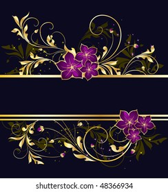 Golden Floral Frame With Stars, Raster Illustration