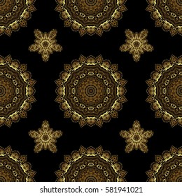 Golden floral seamless pattern. Ornate decor for invitations, greeting cards, thank you message. Greed and vignette for design. Elements in Victorian style on a black backdrop.