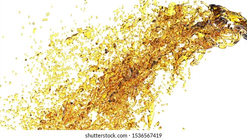 Golden Flowing Liquid Abstract 3d Render. Pouring Beer, Soda, Oil Realistic. Refreshing Streaming Beverage Isolated On White Background. Soft Summer Drink