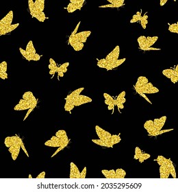 Golden flying butterflies on a black background. Seamless digital scrapbooking paper. Seamless pattern for fabrics