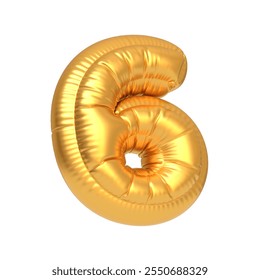 Golden foil balloon shaped like the number six, ideal for use in party decorations, anniversaries, or milestone celebrations. 3D render illustration - Powered by Shutterstock