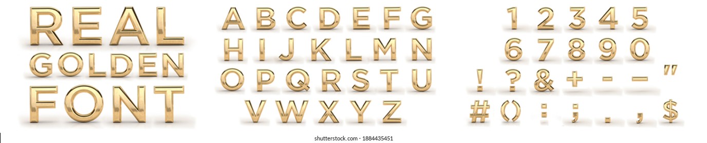 Golden Font 3d, All Letters, Numbers, Punctuation Marks. Latin, English Alphabet. 3d Render, Gold Metal Texture, On White Background. Dates, Letters, Characters.	