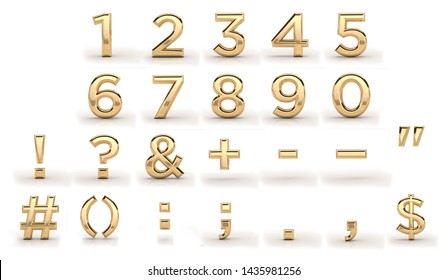 Golden Font, All Numbers And Punctuation Marks. 3d Render, Gold Metal Texture, On White Background. Dates, Letters, Characters. 1, 2, 3, 4, 5, 6, 7, 8, 9