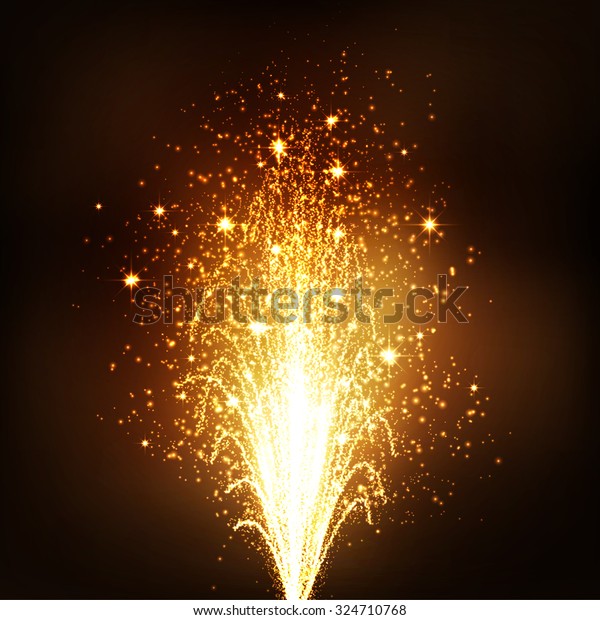 暗い茶色の背景に金色の噴水 火山が火花を放つ 新年前夜のお祝いのエレメント 小さな花火 ピロ ギラギラ パーティクルエフェクト のイラスト素材