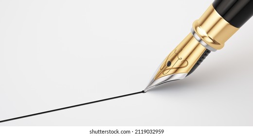 Golden Fountain Pen Leaves Drawing A Straight Ink Line On A White Paper Closeup. 3d Rendering