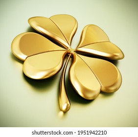 Golden Four Leaf Clover On Green Background. 3D Illustration.