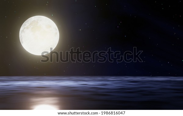 The golden full moon is reflected in
the sea. A wave of water from the ocean to the island. The sky has
many stars. Ripples on the sea at night. 3D
Rendering