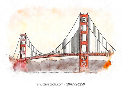 Golden Gate Bridge, Watercolor Sketch Illustration.