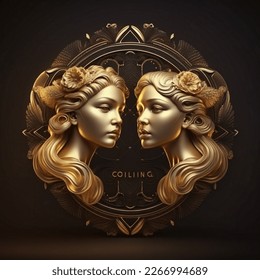 Golden Gemini zodiac sign against space background. Astrology calendar. Esoteric horoscope and fortune telling concept. 