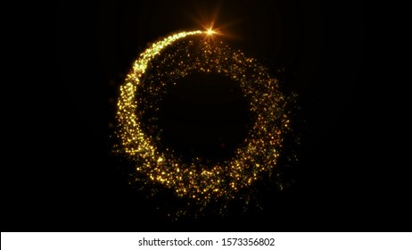 Golden Glitter Circle Frame With Sparkling Light. Shining Christmas Gold Particles And Sparkles Ring On Black Background. Luxury Magic Festive Effect With Bokeh And Glow. 3D Dust Trail In Ultra HD