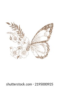 Golden Glitter Floral Butterfly PNG