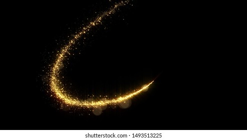 Golden Glitter Light Tail, Sparkling Shine Glow Wave. Gold Glittering Magic Shimmer Trail, Bright Light Sparks On Black Background