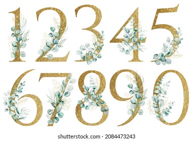 Goldene glänzende Zahlen mit Aquarellfarben-Eukalyptuszweigen einzeln auf Weiß. Zarte Zahlen mit grünen Eukalyptusblättern. Botanische Nummern für Hochzeitskarten, Feiertagsbücher