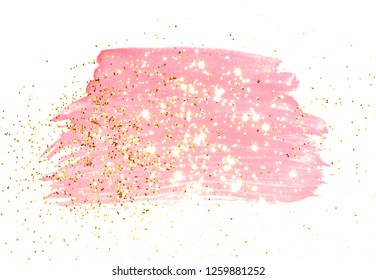 Golden Glitter On Abstract Pink Watercolor Splash On White Background